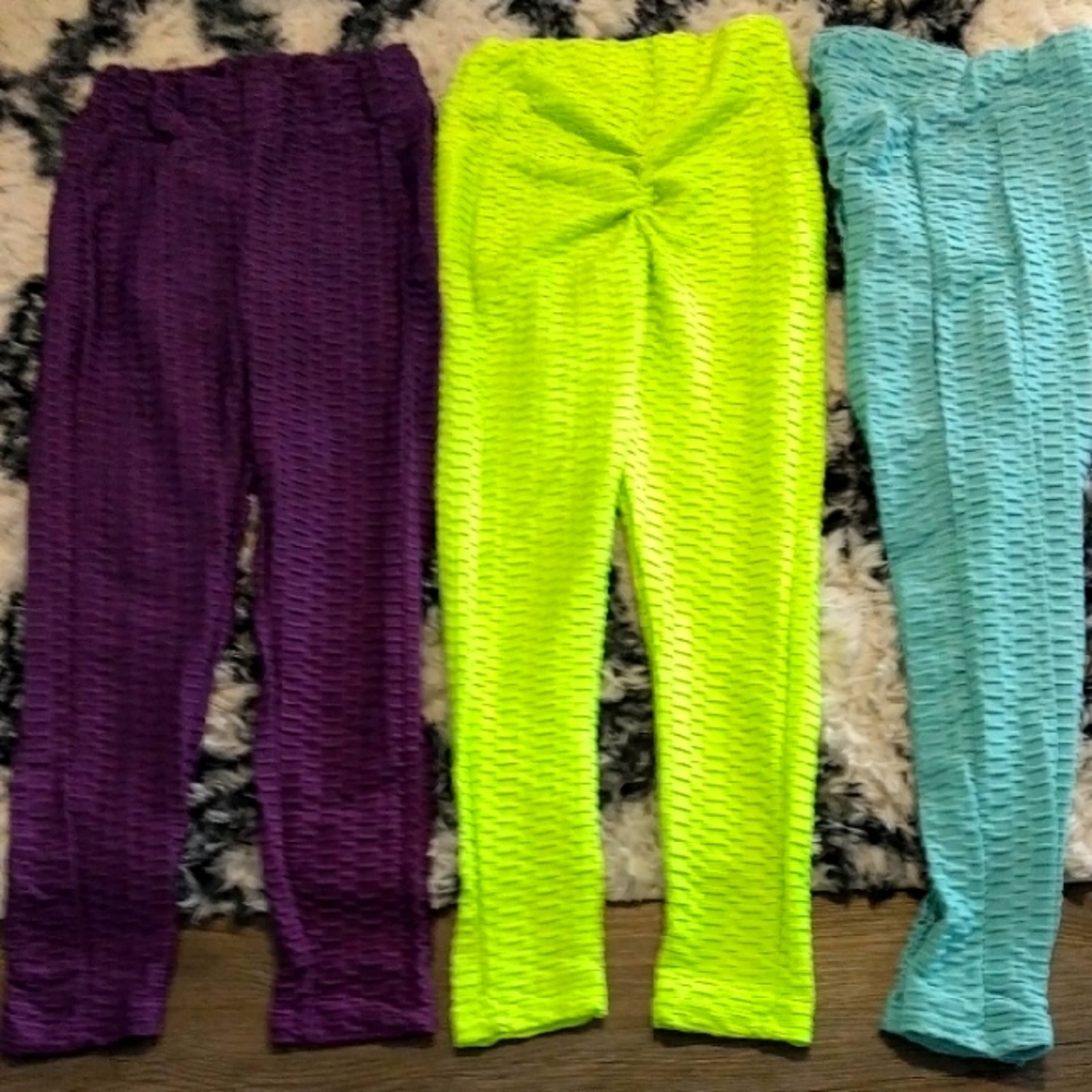 Vibrant Textured Leggings Set - Purple, Neon Yellow, Aqua with pockets
